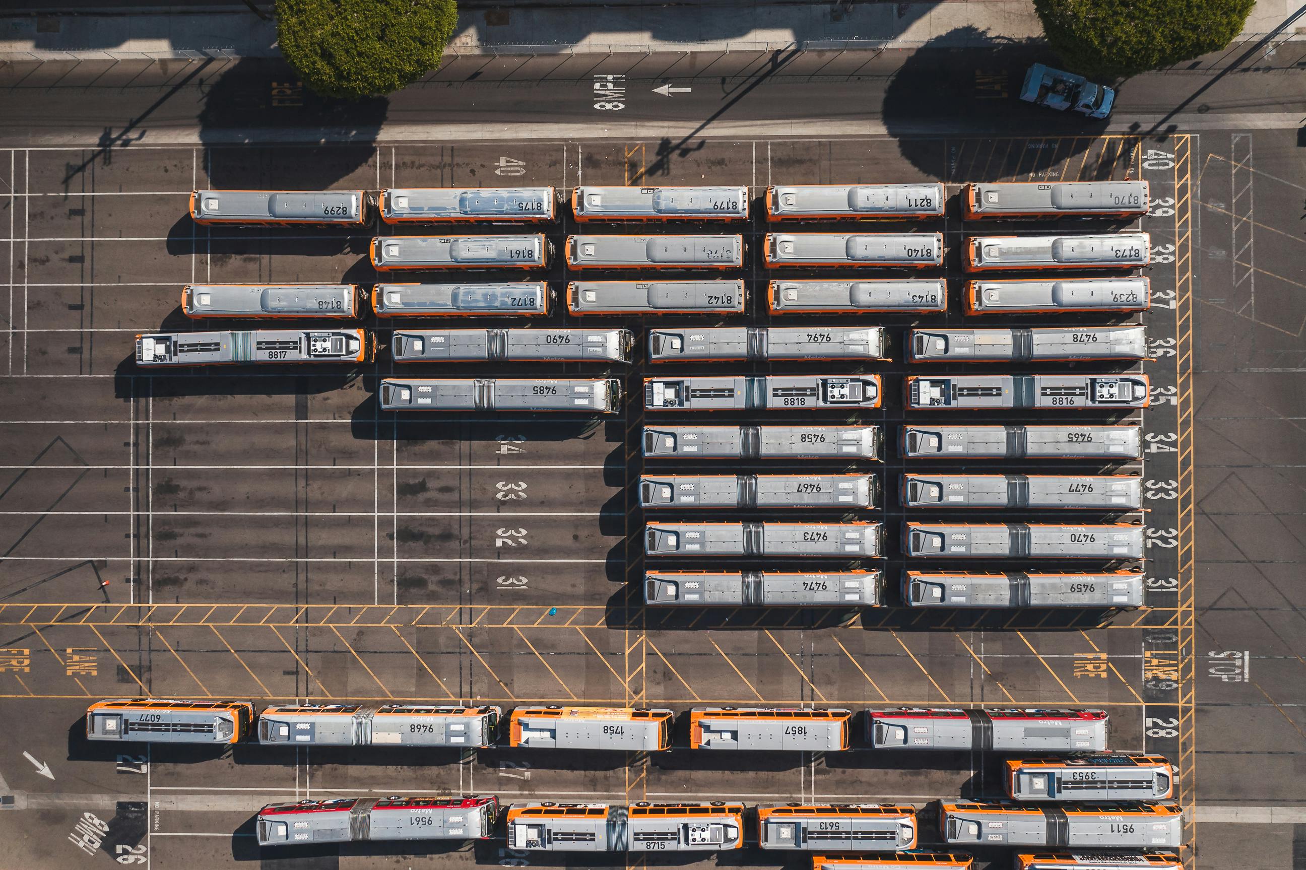 Electric bus fleet in garage